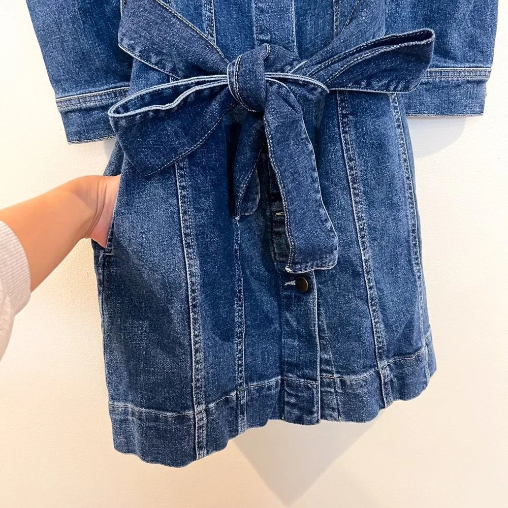 Retrofete Jaime Denim Button Down Quarter Sleeve Tie Waist Distressed Mini Dress - Picture 7 of 12